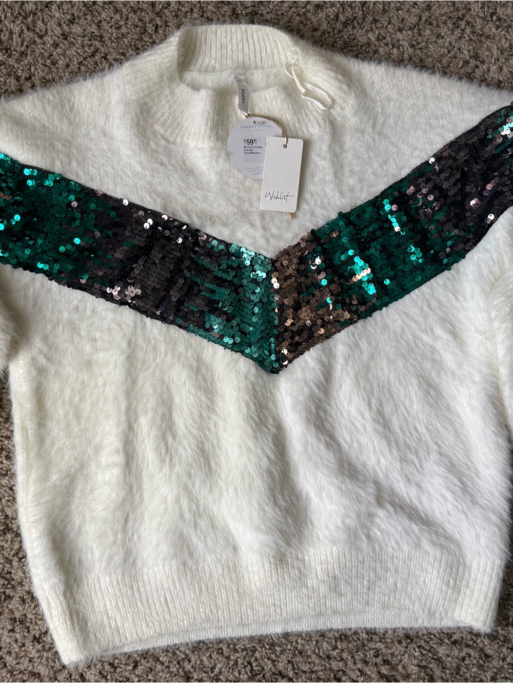 Wishlist White Fuzzy Cowl Neck Sweater with Green & Black Sequin Chevron